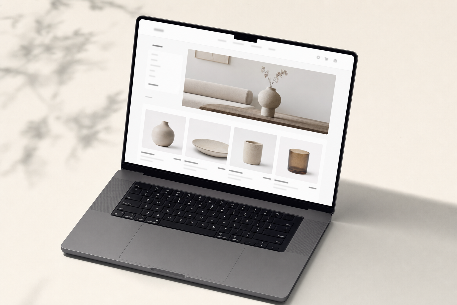Boutique en ligne minimaliste affichée sur un ordinateur portable