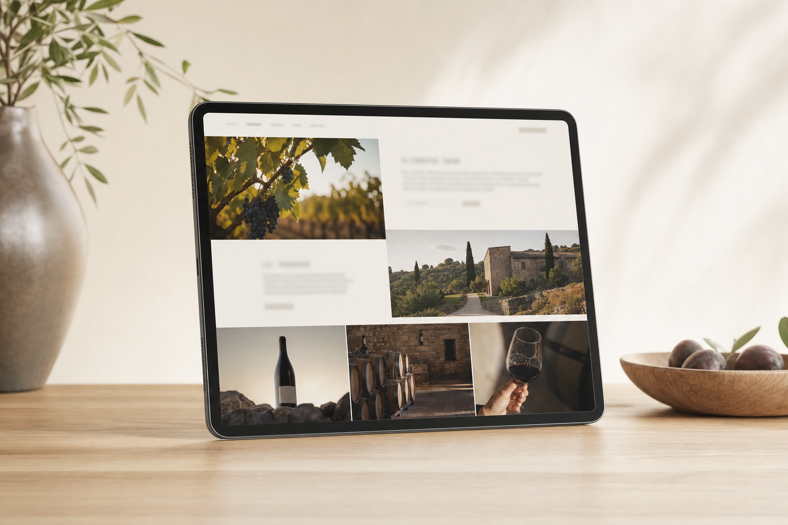 Site vitrine d'un domaine viticole affiché sur une tablette posée sur du bois clair